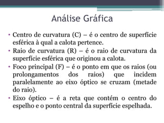 Análise Gráfica 
•Centro de curvatura (C) – é o centro de superfície esférica à qual a calota pertence. 
•Raio de curvatura (R) – é o raio de curvatura da superfície esférica que originou a calota. 
•Foco principal (F) – é o ponto em que os raios (ou prolongamentos dos raios) que incidem paralelamente ao eixo óptico se cruzam (metade do raio). 
•Eixo óptico – é a reta que contém o centro do espelho e o ponto central da superfície espelhada.  