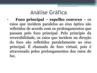 Análise Gráfica 
• Foco principal – espelho convexo – os raios que incidem paralelos ao eixo óptico são refletidos de acordo com os prolongamentos que passam pelo foco principal. Pelo princípio da reversibilidade, os raios que incidem na direção do foco são refletidos paralelamente ao eixo principal. É chamado de foco virtual, pois é atravessado pelos prolongamentos dos raios de luz. 
 