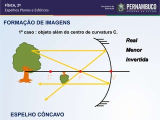 FÍSICA, 2º
Espelhos Planos e Esféricos
Real
Menor
Invertida
1º caso : objeto além do centro de curvatura C.
C VF
ESPELHO CÔNCAVO
FORMAÇÃO DE IMAGENS
 