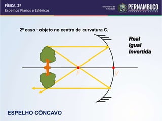 FÍSICA, 2º
Espelhos Planos e Esféricos
Real
Igual
Invertida
2º caso : objeto no centro de curvatura C.
VC F
ESPELHO CÔNCAVO
 