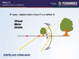 FÍSICA, 2º
Espelhos Planos e Esféricos
Virtual
Maior
Direita
VFC
θ
θ
ESPELHO CÔNCAVO
5º caso : objeto entre o foco F e o vértice V.
 