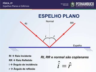 FÍSICA, 2º
Espelhos Planos e Esféricos
ESPELHO PLANO
RI RR
Normal
i r
RI, RR e normal são coplanares
ri ˆˆ 
RI  Raio Incidente
RR  Raio Refletido
i  Ângulo de incidência
r  Ângulo de reflexão
Espelho
 