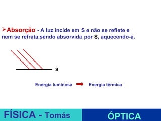 Absorção - A luz incide em S e não se reflete e
nem se refrata,sendo absorvida por S, aquecendo-a.




                    S


            Energia luminosa    Energia térmica



                               ESPELHOS PLANOS
FÍSICA - Tomás                          ÓPTICA
 
