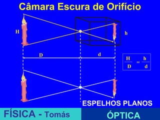 Câmara Escura de Orifício

  H                        h



       D            d
                           H     h
                               =
                           D     d




                 ESPELHOS PLANOS
FÍSICA - Tomás          ÓPTICA
 
