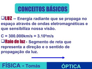 CONCEITOS BÁSICOS
LUZ – Energia radiante que se propaga no
espaço através de ondas eletromagnéticas e
que sensibiliza nossa visão.
C = 300.000km/s = 3.108m/s
Raio de luz - Segmento de reta que
representa a direção e o sentido de
propagação da luz.
                       ESPELHOS PLANOS
FÍSICA - Tomás                ÓPTICA
 