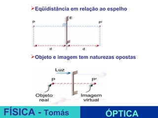 Eqüidistância em relação ao espelho




     Objeto e imagem tem naturezas opostas




                       ESPELHOS PLANOS
FÍSICA - Tomás                  ÓPTICA
 