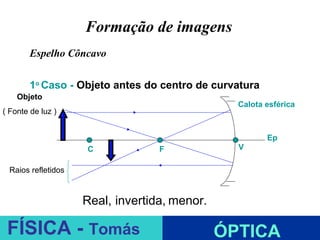 Formação de imagens
        Espelho Côncavo

        1o Caso - Objeto antes do centro de curvatura
    Objeto
                                                Calota esférica
( Fonte de luz )


                                                        Ep
                    C             F             V

 Raios refletidos


                    Real, invertida, menor.
                                      ESPELHOS PLANOS
 FÍSICA - Tomás                               ÓPTICA
 