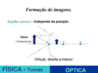 Formação de imagens.

 Espelho convexo – Independe da posição.



          Objeto
      ( Fonte de luz )          V          F         C




                         Virtual, direita e menor.
                                    ESPELHOS PLANOS
FÍSICA - Tomás                                 ÓPTICA
 