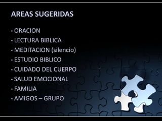 AREAS SUGERIDAS
• ORACION
• LECTURA BIBLICA
• MEDITACION (silencio)
• ESTUDIO BIBLICO
• CUIDADO DEL CUERPO
• SALUD EMOCIONAL
• FAMILIA
• AMIGOS – GRUPO
 