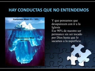 HAY CONDUCTAS QUE NO ENTENDEMOS

                Y que pensamos que
                desaparecen con ir a la
                Iglesia
                Ese 90% de nuestro ser
                permance sin ser tocado
                por Dios hasta que lo
                sacamos a la superficie
 
