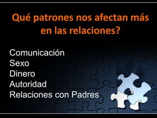 Qué patrones nos afectan más
     en las relaciones?
Comunicación
Sexo
Dinero
Autoridad
Relaciones con Padres
 