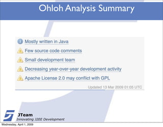 Ohloh Analysis Summary




            JTeam
           Innovating J2EE Development
Wednesday, April 1, 2009
 