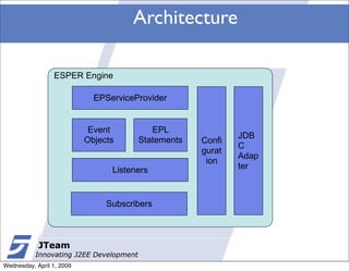 Architecture

                 ESPER Engine

                             EPServiceProvider


                            Event           EPL
                                                              JDB
                           Objects       Statements   Confi
                                                              C
                                                      gurat
                                                              Adap
                                                       ion
                                 Listeners                    ter



                                Subscribers



            JTeam
           Innovating J2EE Development
Wednesday, April 1, 2009
 