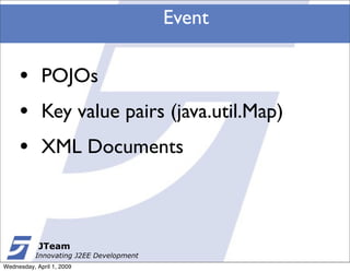 Event

     •       POJOs
     •       Key value pairs (java.util.Map)
     •       XML Documents



            JTeam
           Innovating J2EE Development
Wednesday, April 1, 2009
 