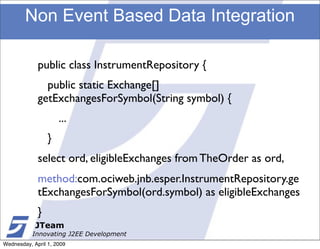 Non Event Based Data Integration

             public class InstrumentRepository {
               public static Exchange[]
             getExchangesForSymbol(String symbol) {
             
       ...
                 }
             select ord, eligibleExchanges from TheOrder as ord,
             method:com.ociweb.jnb.esper.InstrumentRepository.ge
             tExchangesForSymbol(ord.symbol) as eligibleExchanges
             }
            JTeam
           Innovating J2EE Development
Wednesday, April 1, 2009
 