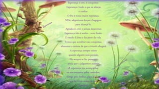 Esperança é crer, é conquistar.
Esperança é tudo o que se almeja,
é confiar.
O Pai é nossa maior esperança.
NEle, adquirimos forças e bagagem
para alcançá-la.
Agradecer, crer e jamais desanimar.
Esperança não é sonho... nem ilusão.
É estado d'alma e faz parte da vida.
Temos que acreditar nas conquistas,
alimentar a certeza de que o triunfo chegará.
A esperança sempre existe
quando alguém nela persiste.
Ela sempre se faz presente,
ainda que a julguemos ausente.
A esperança nos acompanha,
ou nos encontra pelos caminhos.
Chega para brilhar, para aclarar;
e nos faz viver, acima de tudo...
Acreditar!
 