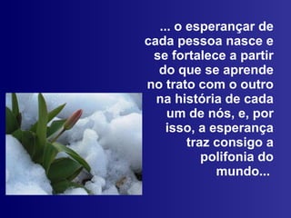 ... o esperançar de cada pessoa nasce e se fortalece a partir do que se aprende no trato com o outro na história de cada um de nós, e, por isso, a esperança traz consigo a polifonia do mundo...   