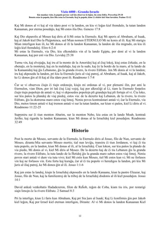 Vizio 6000 - Granda Israelo
Kie mankas vizio, la popolo pereas: sed kiu observas la leĝon, tiu estas feliĉa. Proverboj 29:18
Benata estas la popolo, kies Dio estas la Eternulo, Kaj la popolo, kiun Li elektis kiel Sian heredon. Psalmo 33:12
12
Kaj Mi donos al vi kaj al via idaro post vi la landon, en kiu vi loĝas kiel fremdulo, la tutan landon
Kanaanan, por eterna posedaĵo, kaj Mi estos ilia Dio. Genezo 17:8
Kaj Dio ekparolis al Moseo kaj diris al li:Mi estas la Eternulo. Kaj Mi aperis al Abraham, al Isaak,
kaj al Jakob kiel Dio la Plejpotenca, sed Mian nomon ETERNULO Mi ne konis al ili. Kaj Mi starigis
Mian interligon kun ili, ke Mi donos al ili la landon Kanaanan, la landon de ilia migrado, en kiu ili
loĝis kiel fremduloj. Eliro 6:2-4
Mi estas la Eternulo, via Dio, kiu elkondukis vin el la lando Egipta, por doni al vi la landon
Kanaanan, kaj por esti via Dio. Levidoj 25:38
Turnu vin, kaj elvojaĝu, kaj iru al la monto de la Amoridoj kaj al ĉiuj lokoj, kiuj estas ĉirkaŭe, en la
ebenaĵo, en la montetoj, kaj en la malaltaĵo, kaj en la sudo, kaj ĉe la bordo de la maro, al la lando de
la Kanaanidoj kaj ĝis Lebanono, ĝis la granda rivero, la rivero Eŭfrato. Jen Mi donis al vi la landon;
iru kaj ekposedu la landon, pri kiu la Eternulo ĵuris al viaj patroj, al Abraham, al Isaak, kaj al Jakob,
ke Li donos ĝin al ili kaj al ilia idaro post ili. Readmono 1:7-8
Ĉar se vi observos ĉiujn ĉi tiujn ordonojn, kiujn mi ordonas al vi, por plenumi ilin, por ami la
Eternulon, vian Dion, por iri laŭ ĉiuj Liaj vojoj, kaj por alkroĉiĝi al Li, tiam la Eternulo forpelos
ĉiujn tiujn popolojn de antaŭ vi, kaj vi ekposedos popolojn pli grandajn kaj pli fortajn ol vi. Ĉiu loko,
sur kiu paŝos la plandoj de viaj piedoj, estos via: de la dezerto kaj Lebanon, de la rivero, la rivero
Eŭfrato, ĝis la ekstrema maro estos viaj limoj. Neniu povos kontraŭstari antaŭ vi; ĉar la Eternulo, via
Dio, metos timon antaŭ vi kaj tremon antaŭ vi sur la tutan landon, sur kiun vi paŝos, kiel Li diris al vi.
Readmono 11:22-25
Supreniru sur ĉi tiun monton Abarim, sur la monton Nebo, kiu estas en la lando Moab, kontraŭ
Jeriĥo; kaj rigardu la landon Kanaanan, kiun Mi donas al la Izraelidoj kiel posedaĵon. Readmono
32:49
Historio
Post la morto de Moseo, servanto de la Eternulo, la Eternulo diris al Josuo, filo de Nun, servanto de
Moseo, dirante:Mia servanto Moseo mortis; tial nun leviĝu, transiru ĉi tiun Jordanon, vi kaj ĉi tiu
tuta popolo, en la landon, kiun Mi donas al ili, al la Izraelidoj. Ĉiun lokon, sur kiu paŝos la plando de
via piedo, Mi donis al vi, kiel Mi diris al Moseo. De la dezerto kaj de ĉi tiu Lebanon ĝis la granda
rivero, la rivero Eŭfrato, la tuta lando de la Ĥetidoj ĝis la granda maro suben estos viaj limoj. Neniu
povos stari antaŭ vi dum via tuta vivo; kiel Mi estis kun Moseo, tiel Mi estos kun vi; Mi ne forlasos
vin kaj ne forlasos vin. Estu forta kaj kuraĝa, ĉar al ĉi tiu popolo vi heredigos la landon, pri kiu Mi
ĵuris al iliaj patroj, ke Mi donos ĝin al ili. Josuo 1:1-6
Kaj jen estas la landoj, kiujn la Izraelidoj ekposedis en la lando Kanaana, kiun la pastro Eleazar, kaj
Josuo, filo de Nun, kaj la familiestroj de la triboj de la Izraelidoj disdonis al ili kiel posedaĵon. Josuo
14:1
David ankaŭ venkobatis Hadadezeron, filon de Reĥob, reĝon de Coba, kiam tiu iris, por restarigi
siajn limojn ĉe la rivero Eŭfrato. 2 Samuel 8:3
Pri la interligo, kiun Li faris kun Abraham, Kaj pri Sia ĵuro al Isaak; Kaj Li konfirmis ĝin por Jakob
kiel leĝon, Kaj por Izrael kiel eternan interligon, Dirante: Al vi Mi donos la landon Kanaanan Kiel
 