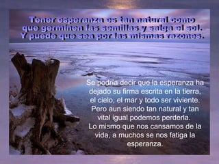 Se podría decir que la esperanza ha dejado su firma escrita en la tierra, el cielo, el mar y todo ser viviente. Pero aun siendo tan natural y tan vital igual podemos perderla.  Lo mismo que nos cansamos de la vida, a muchos se nos fatiga la esperanza. Tener esperanza es tan natural como  que germinen las semillas y salga el sol. Y puede que sea por las mismas razones.  