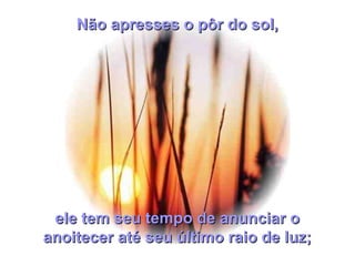 ele tem seu tempo de anunciar oele tem seu tempo de anunciar o
anoitecer até seu último raio de luz;anoitecer até seu último raio de luz;
Não apresses o pôr do sol,Não apresses o pôr do sol,
 
