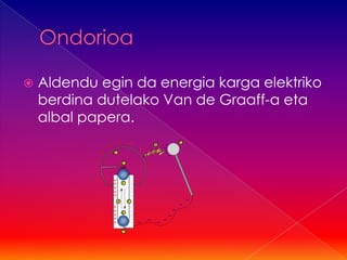    Aldendu egin da energia karga elektriko
    berdina dutelako Van de Graaff-a eta
    albal papera.
 