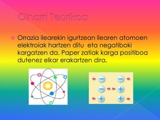    Orrazia ilearekin igurtzean ilearen atomoen
    elektroiak hartzen ditu eta negatiboki
    kargatzen da. Paper zatiak karga positiboa
    dutenez elkar erakartzen dira.
 