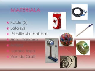  Kable (2)
 Lata (2)
 Plastikosko boli bat
 Zinta itsaskorra
 Artilea
 Latako tapa
 Van de Graff
 