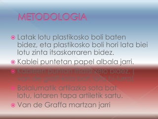  Latak   lotu plastikosko boli baten
  bidez, eta plastikosko boli hori lata biei
  lotu zinta itsaskorraren bidez.
 Kablei puntetan papel albala jarri.
 Kableen puntan itsatsi zelo bidez. (
  van de graff-lata bat; lata bi-lurra)
 Bolalumatik artilazko sota bat
  lotu, lataren tapa artiletik sartu.
 Van de Graffa martzan jarri
 