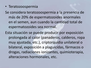 • Teratozoospermia
Se considera teratozoospermia a la presencia de
más de 20% de espermatozoides anormales
en el semen, aun cuando la cantidad total de
espermatozoides sea normal.
Esta situación se puede producir por exposición
prolongada al calor (panaderos, calderos, ropa
muy ajustada, etc.), criptorquidia unilateral o
bilateral, exposición a plaguicidas, fármacos o
drogas, radiaciones ionizantes, quimioterapia,
alteraciones hormonales, etc.

 