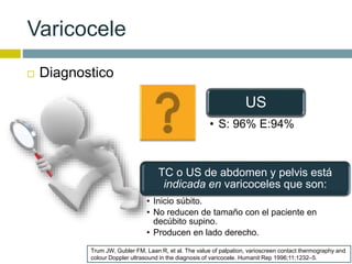 Varicocele 
 Diagnostico 
US 
• S: 96% E:94% 
TC o US de abdomen y pelvis está 
indicada en varicoceles que son: 
• Inicio súbito. 
• No reducen de tamaño con el paciente en 
decúbito supino. 
• Producen en lado derecho. 
Trum JW, Gubler FM, Laan R, et al. The value of palpation, varioscreen contact thermography and 
colour Doppler ultrasound in the diagnosis of varicocele. Humanit Rep 1996;11:1232–5. 
 