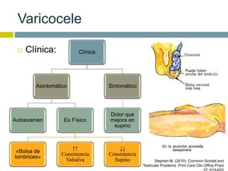 Varicocele 
Clínica 
Asintomático 
Autoexamen Ex Físico 
«Bolsa de 
lombrices» 
↑↑ 
Consistencia 
Valsalva 
Sintomático 
Dolor que 
mejora en 
supino 
↓↓ 
Consistencia 
Supino 
 Clínica: 
Stephen M. (2010). Common Scrotal and 
Testicular Problems. Prim Care Clin Office Pract 
37; 619-620 
 