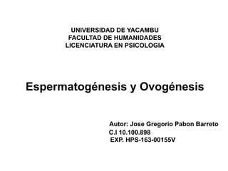 UNIVERSIDAD DE YACAMBU
FACULTAD DE HUMANIDADES
LICENCIATURA EN PSICOLOGIA
Espermatogénesis y Ovogénesis
Autor: Jose Gregorio Pabon Barreto
C.I 10.100.898
EXP. HPS-163-00155V
 
