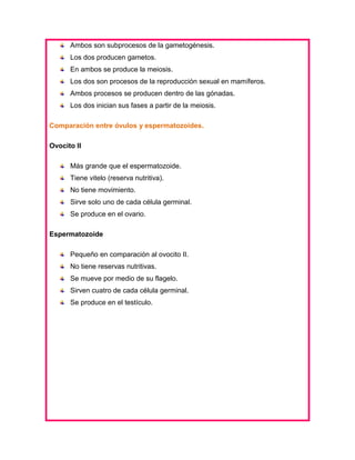 Ambos son subprocesos de la gametogénesis.
Los dos producen gametos.
En ambos se produce la meiosis.
Los dos son procesos de la reproducción sexual en mamíferos.
Ambos procesos se producen dentro de las gónadas.
Los dos inician sus fases a partir de la meiosis.
Comparación entre óvulos y espermatozoides.
Ovocito II
Más grande que el espermatozoide.
Tiene vitelo (reserva nutritiva).
No tiene movimiento.
Sirve solo uno de cada célula germinal.
Se produce en el ovario.
Espermatozoide
Pequeño en comparación al ovocito II.
No tiene reservas nutritivas.
Se mueve por medio de su flagelo.
Sirven cuatro de cada célula germinal.
Se produce en el testículo.

 
