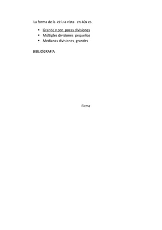 La forma de la célula vista en 40x es
 Grande y con pocas divisiones
 Múltiples divisiones pequeñas
 Medianas divisiones grandes
BIBLIOGRAFIA

Firma

 