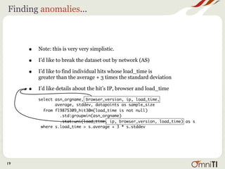 Finding anomalies...



     •   Note: this is very very simplistic.

     •   I’d like to break the dataset out by network (AS)

     •   I’d like to find individual hits whose load_time is
         greater than the average + 3 times the standard deviation

     •   I’d like details about the hit’s IP, browser and load_time

         select asn_orgname, browser_version, ip, load_time,
                average, stddev, datapoints as sample_size
           from fl9875309_hit30m(load_time is not null)
                  .std:groupwin(asn_orgname)
                  .stat:uni(load_time, ip, browser_version, load_time) as s
          where s.load_time > s.average + 3 * s.stddev




19
 