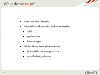 What do we want?



        •   I want answers, dammit

        •   I would like to know what is slow (or fast) by

            •   ASN

            •   geo location

            •   browser type

        •   I’d also like to know given an event:

            •   is it outside the average +/- 2 x σ

            •   over the last 5 minutes




6
 