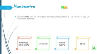  Um nanómetro (nm) é a subunidade do metro, correspondente a 1×10−9 metro, ou seja, um
bilionésimo do metro.
Radiação
Ultravioleta
Raio XLuz Visível
Ondas
Gama
 