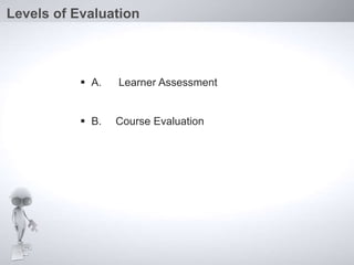  A. Learner Assessment
 B. Course Evaluation
Levels of Evaluation
 