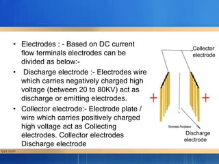 • Electrodes : - Based on DC current
flow terminals electrodes can be
divided as below:-
• Discharge electrode :- Electrodes wire
which carries negatively charged high
voltage (between 20 to 80KV) act as
discharge or emitting electrodes.
• Collector electrode:- Electrode plate /
wire which carries positively charged
high voltage act as Collecting
electrodes. Collector electrodes
Discharge electrode
Collector
electrode
Discharge
electrode
 
