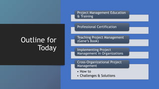 Outline for
Today
Project Management Education
& Training
Professional Certification
Teaching Project Management
(Gene’s Book)
Implementing Project
Management in Organizations
• How to
• Challenges & Solutions
Cross-Organizational Project
Management
 