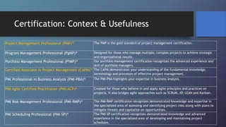 Certification: Context & Usefulness
Project Management Professional (PMP)® The PMP is the gold standard of project management certification.
Program Management Professional (PgMP)® Designed for those who manage multiple, complex projects to achieve strategic
and organizational results.
Portfolio Management Professional (PfMP)® Our portfolio management certification recognizes the advanced experience and
skill of portfolio managers.
Certified Associate in Project Management (CAPM)® The CAPM demonstrates your understanding of the fundamental knowledge,
terminology and processes of effective project management.
PMI Professional in Business Analysis (PMI-PBA)® The PMI-PBA highlights your expertise in business analysis.
PMI Agile Certified Practitioner (PMI-ACP)® Created for those who believe in and apply agile principles and practices on
projects. It also bridges agile approaches such as SCRUM, XP, LEAN and Kanban.
PMI Risk Management Professional (PMI-RMP)® The PMI-RMP certification recognizes demonstrated knowledge and expertise in
the specialized area of assessing and identifying project risks along with plans to
mitigate threats and capitalize on opportunities.
PMI Scheduling Professional (PMI-SP)® The PMI-SP certification recognizes demonstrated knowledge and advanced
experience in the specialized area of developing and maintaining project
schedules.
 