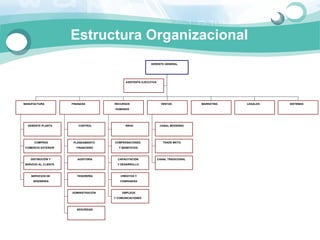 Estructura Organizacional
                                                              GERENTE GENERAL
                                                                        .



                                             ASISTENTE EJECUTIVA
                                                          .




MANUFACTURA           FINANZAS         RECURSOS                      VENTAS            MARKETING   LEGALES   SISTEMAS
                                       HUMANOS                          .                   .         .




  GERENTE PLANTA          CONTROL            RRHH                   CANAL MODERNO




      COMPRAS          PLANEAMIENTO    COMPENSACIONES                 TRADE MKTG.
COMERCIO EXTERIOR       FINANCIERO       Y BENEFICIOS



   DISTIBUCIÓN Y         AUDITORIA       CAPACITACIÓN              CANAL TRADICIONAL
SERVICIO AL CLIENTE              .       Y DESARROLLO



    SERVICIOS DE         TESORERÍA        CRÉDITOS Y
     INGENIERIA                           COBRANZAS



                      ADMINISTRACIÓN       EMPLEOS
                                       Y COMUNICACIONES



                         SEGURIDAD
                                 .
 