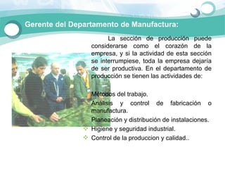 Gerente del Departamento de Manufactura:
                         La  sección  de  producción  puede 
                   considerarse  como  el  corazón  de  la 
                   empresa,  y  si  la  actividad de  esta  sección 
                   se  interrumpiese,  toda  la  empresa  dejaría 
                   de  ser  productiva.  En  el  departamento  de 
                   producción se tienen las actividades de:

                Métodos del trabajo.
                Análisis  y  control  de  fabricación  o 
                 manufactura.
                Planeación y distribución de instalaciones.
                Higiene y seguridad industrial.
                Control de la produccion y calidad..
 