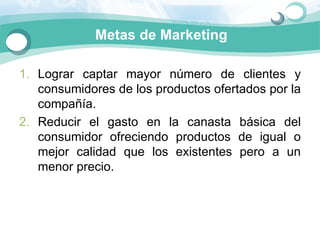 Metas de Marketing

1. Lograr  captar  mayor  número  de  clientes  y 
   consumidores de los productos ofertados por la 
   compañía. 
2. Reducir  el  gasto  en  la  canasta  básica  del 
   consumidor  ofreciendo  productos  de  igual  o 
   mejor  calidad  que  los  existentes  pero  a  un 
   menor precio.  
 