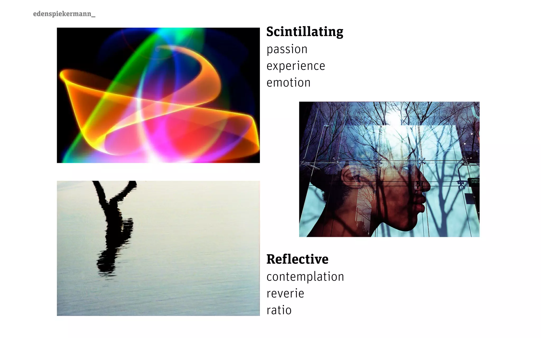 edenspiekermann_
Reflective
contemplation
reverie
ratio
Scintillating
passion
experience
emotion
 