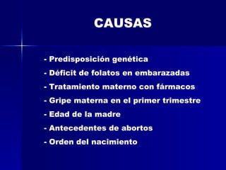 CAUSAS Predisposición genética Déficit de folatos en embarazadas Tratamiento materno con fármacos Gripe materna en el primer trimestre Edad de la madre Antecedentes de abortos Orden del nacimiento