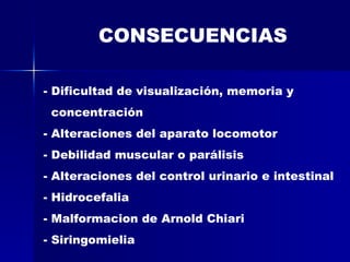 CONSECUENCIAS Dificultad de visualización, memoria y concentración Alteraciones del aparato locomotor Debilidad muscular o parálisis Alteraciones del control urinario e intestinal Hidrocefalia Malformacion de Arnold Chiari Siringomielia