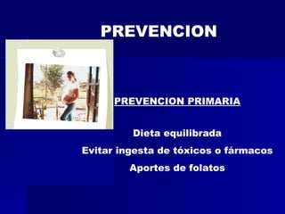 PREVENCION PREVENCION PRIMARIA Dieta equilibrada Evitar ingesta de tóxicos o fármacos Aportes de folatos