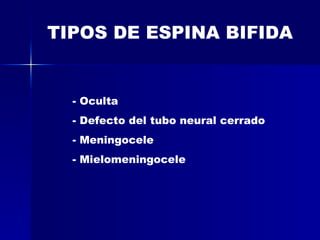 TIPOS DE ESPINA BIFIDA Oculta Defecto del tubo neural cerrado Meningocele Mielomeningocele
