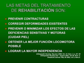 LAS METAS DEL TRATAMIENTO
  DE REHABILITACIÓN SON:
PREVENIR CONTRACTURAS
CORREGIR DEFORMIDADES EXISTENTES
PREVENIR O MINIMIZAR LOS EFECTOS DE LAS
DEFICIENCIAS SENSITIVAS Y MOTORAS
(CUIDAR PIEL)
OBTENER LA MEJOR FUNCIÓN LOCOMOTORA
POSIBLE
LOGRAR LA MAYOR INDEPENDENCIA
                Orthopaedic Nursing, May/jun 2000, Vol. 19. Num. 3. p. 55- 59
                     Orthopaedic Nursing July – August 2001. Vol.20. Num. 4.
                              Emedicine Journal. May 30 2002, vol 3, Num.5.
 
